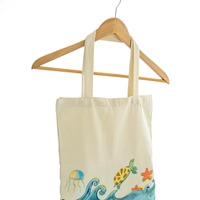 Beige Tote Bag with Beach Theme Hand Paintings