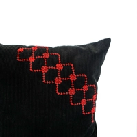 Black Corduroy Throw Pillow with Red Embroidery Patterns