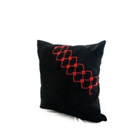 Black Corduroy Throw Pillow with Red Embroidery Patterns