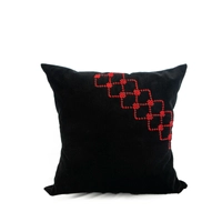 Black Corduroy Throw Pillow with Red Embroidery Patterns