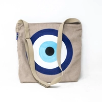 Beige Canvas Crossbody with Hand Paintings of a Blue Eye