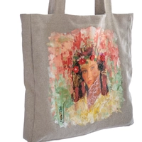 Large Beige Tote Bag with Hand-Painted Girl Portrait - Multiple Designs - Design 1