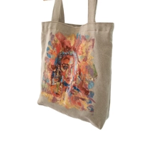 Large Beige Tote Bag with Hand-Painted Girl Portrait - Multiple Designs - Design 1