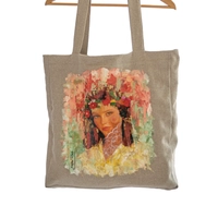 Large Beige Tote Bag with Hand-Painted Girl Portrait - Multiple Designs - Design 1