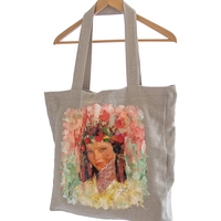 Large Beige Tote Bag with Hand-Painted Girl Portrait - Multiple Designs - Design 1