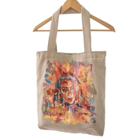 Large Beige Tote Bag with Hand-Painted Girl Portrait - Multiple Designs - Design 1