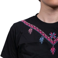 Black T-Shirt with Colorful Hand Embroidery Patterns Around the Collar - S