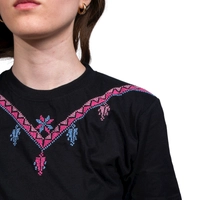 Black T-Shirt with Colorful Hand Embroidery Patterns Around the Collar - S