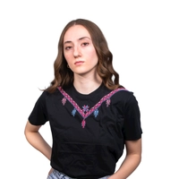 Black T-Shirt with Colorful Hand Embroidery Patterns Around the Collar - S