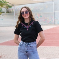 Black T-Shirt with Colorful Hand Embroidery Patterns Around the Collar - S