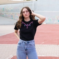 Black T-Shirt with Colorful Hand Embroidery Patterns Around the Collar - S