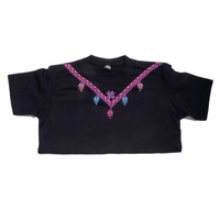 Black T-Shirt with Colorful Hand Embroidery Patterns Around the Collar - S