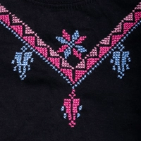 Black T-Shirt with Colorful Hand Embroidery Patterns Around the Collar - S