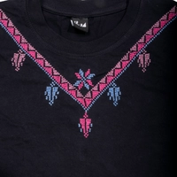 Black T-Shirt with Colorful Hand Embroidery Patterns Around the Collar - S