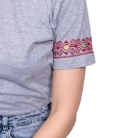 Gray T-Shirt with Floral Hand Embroidery Patterns on the Sleeves - S