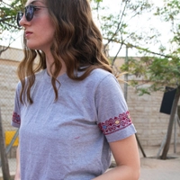 Gray T-Shirt with Floral Hand Embroidery Patterns on the Sleeves - S