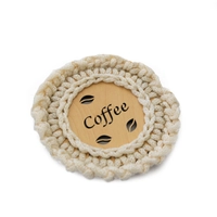 "Coffee" Light Wood Coaster with Crochet Frame - Multiple Colors - Dark Pink