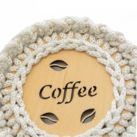 "Coffee" Light Wood Coaster with Crochet Frame - Multiple Colors - Dark Pink