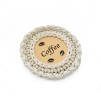 "Coffee" Light Wood Coaster with Crochet Frame - Multiple Colors - Dark Pink