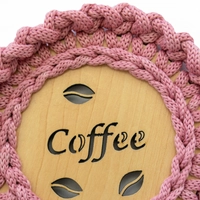 "Coffee" Light Wood Coaster with Crochet Frame - Multiple Colors - Dark Pink