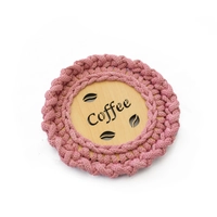 "Coffee" Light Wood Coaster with Crochet Frame - Multiple Colors - Dark Pink