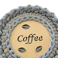 "Coffee" Light Wood Coaster with Crochet Frame - Multiple Colors - Dark Pink