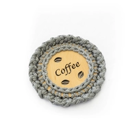 "Coffee" Light Wood Coaster with Crochet Frame - Multiple Colors - Dark Pink