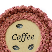 "Coffee" Light Wood Coaster with Crochet Frame - Multiple Colors - Dark Pink