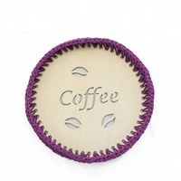 Light Wood "Coffee" Round Tray with Purple Crochet Frame 