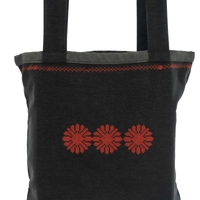 Black Tote Bag with Floral Machine Embroidery Patterns in Red