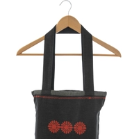 Black Tote Bag with Floral Machine Embroidery Patterns in Red