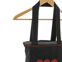 Black Tote Bag with Floral Machine Embroidery Patterns in Red