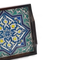 Square Dark Wood Serving Tray with Hand-Painted Ceramic in Blue & Turquoise