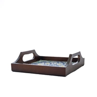 Square Dark Wood Serving Tray with Hand-Painted Ceramic in Blue & Turquoise