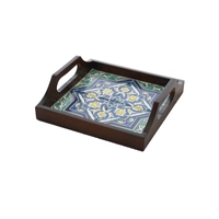 Square Dark Wood Serving Tray with Hand-Painted Ceramic in Blue & Turquoise