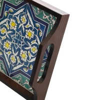 Square Dark Wood Serving Tray with Hand-Painted Ceramic in Blue & Turquoise