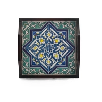 Square Dark Wood Serving Tray with Hand-Painted Ceramic in Blue & Turquoise