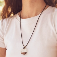 Unique Black Thin Necklace with Round Resin & Wood Pendant