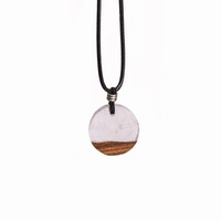 Unique Black Thin Necklace with Round Resin & Wood Pendant