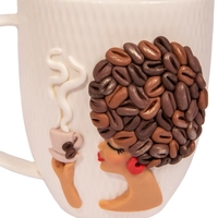 White Ceramic Mug with Polymer Clay Decoration of a Woman & Coffee Beans