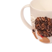 White Ceramic Mug with Polymer Clay Decoration of a Woman & Coffee Beans