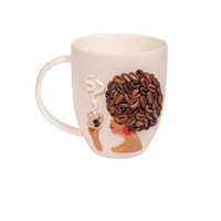 White Ceramic Mug with Polymer Clay Decoration of a Woman & Coffee Beans