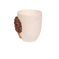 White Ceramic Mug with Polymer Clay Decoration of a Woman & Coffee Beans