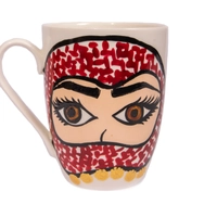 White Ceramic Mug Adorned with Hand Paintings - Woman Wearing a Shemagh