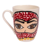 White Ceramic Mug Adorned with Hand Paintings - Woman Wearing a Shemagh