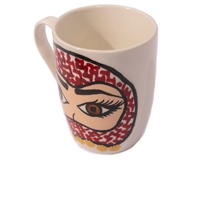 White Ceramic Mug Adorned with Hand Paintings - Woman Wearing a Shemagh