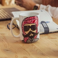 White Ceramic Mug with Hand Paintings - Man with Big Mustache