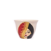 White Arabic Coffee Set with Elegant Hand Drawings - 1 Cup - Lady with Red Scarf