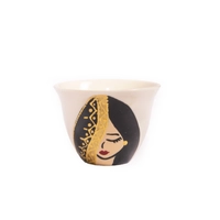 White Arabic Coffee Set with Elegant Hand Drawings - 1 Cup - Lady with Red Scarf