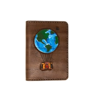 Brown Leather Passport Cover & Card Organizer with Printed Drawings